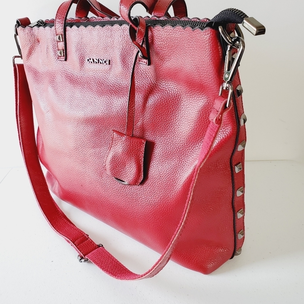 Cannci Soft Pebbled Leather Oversized Shoulder Bag Studded Large Red Tote Spring - Picture 2 of 16